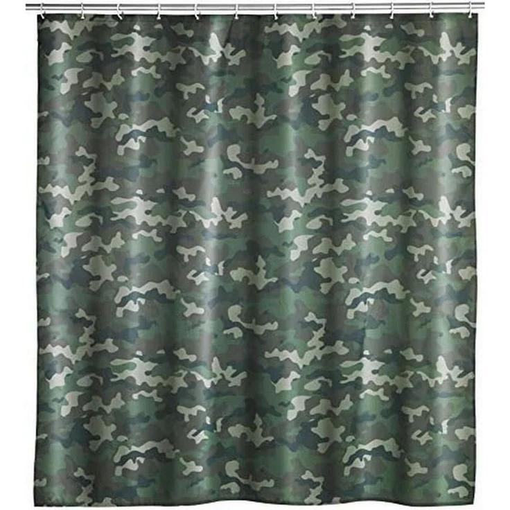 WENKO Duschvorhang Wannenvorhang Badewannenvorhang Camouflage Breite 180 cm, 180 x 200 cm mit 12 Duschvorhangringen – Bild 1