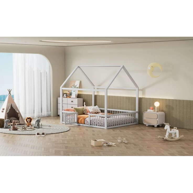Merax 140*200cm Massivholzbett, Doppelbett, Flachbett, Hausbett, Hausbett mit Türchen, weiß – Bild 8