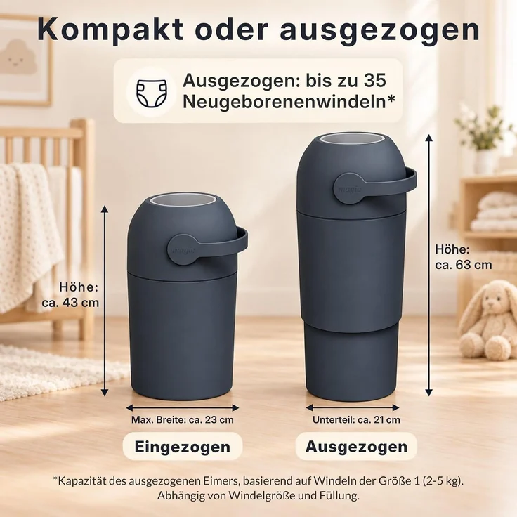 Set Magic Windeleimer, Abfalleimer mit Geruchsstopp, ohne Kassette + Windel | Hygienischer Mülleimer Geruchsdicht für Windeln ohne Kassette, Hygieneeimer für Windelentsorgung, Bad, Kinderzimmer, Küche – Bild 4