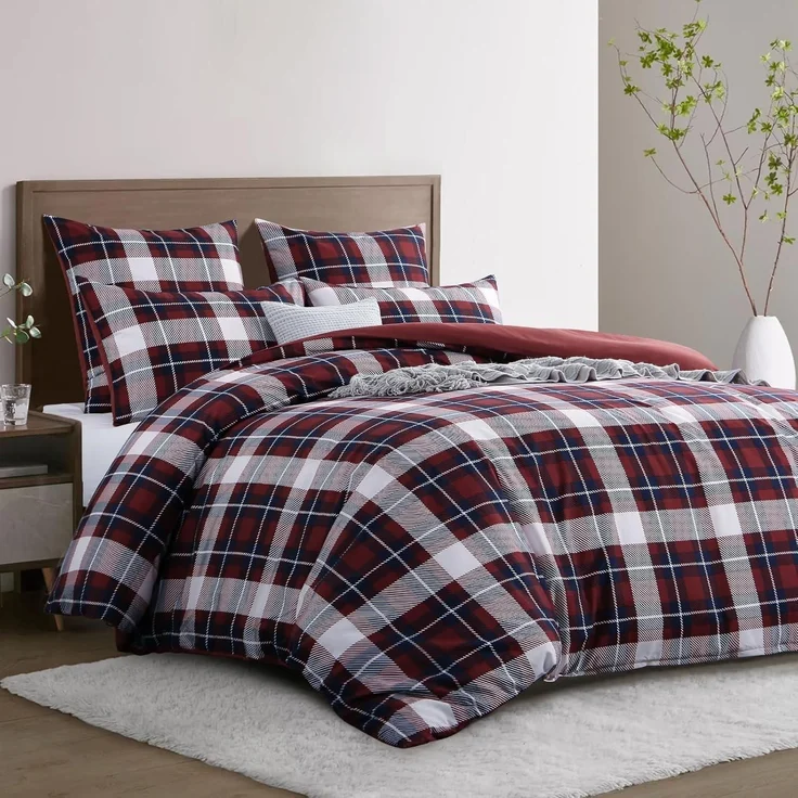 Bettwäsche 200x220 3 teilig Rot Tartan Muster Mikrofaser Reißverschluss – Bild 2