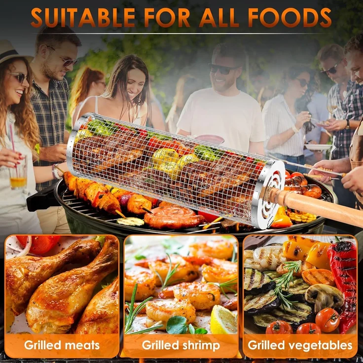 2er-Pack Grillkörbe mit Holzgriff, rund, Edelstahl, für Outdoor & Camping (45 cm) – Bild 2