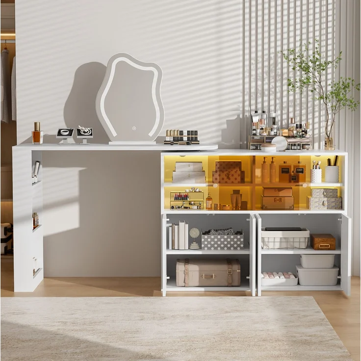 Drehbarer Schminktisch mit LED-Spiegel & Stauraum, 177x40x131,5 cm, Weiß – Bild 2