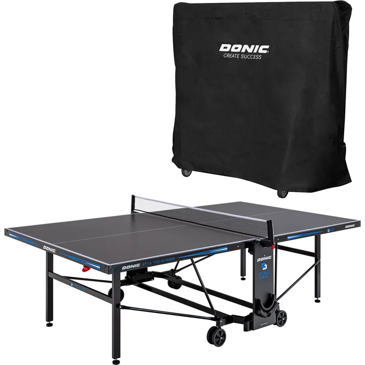 DONIC Style 1000, wetterfeste Outdoor + Indoor Tischtennisplatte mit Abdeckhülle, inklusive Tischtennisnetz und Ball- und Schlägerhalterung, klappbar, anthrazit mit blauen Akzenten