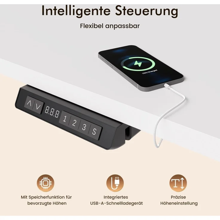 HOMAVO höhenverstellbarer Schreibtisch 80×180 cm, mit Memory- und Anti-Kollisionsfunktion, USB-A- und USB-C-Anschlüssen, Höhe 70–120 cm, Weiß – Bild 3