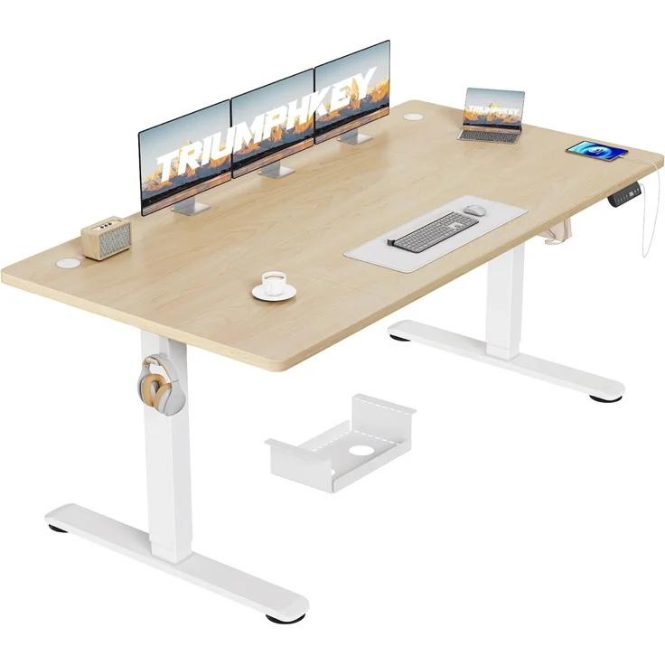 TRIUMPHKEY Höhenverstellbarer Schreibtisch 160x80, 18mm Tischplatte & USB-A | Schreibtisch Höhenverstellbar mit 3 Memory-Steuerung,Sitz‑Erinnerung & Kabelmanagement, Computertisch,Standing Desk, Beige