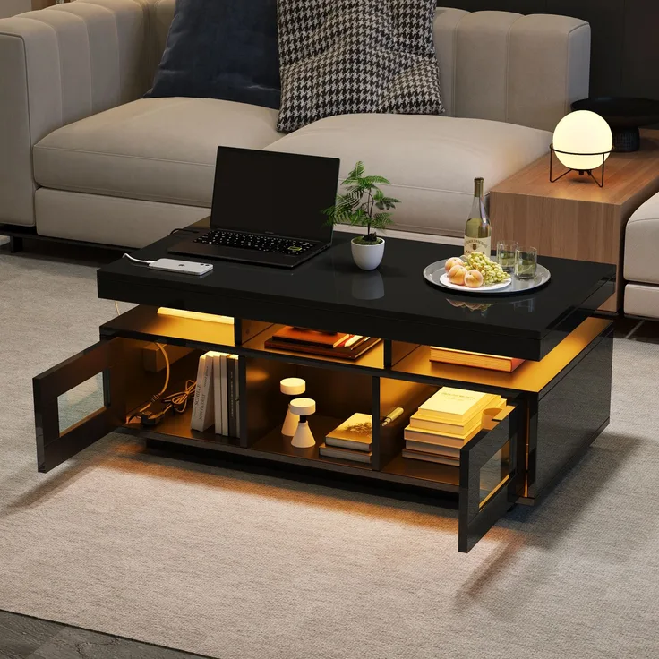EINHOM 100 x 50 x 43 cm Schwarz Hochglanz-Couchtisch, mit Per Mobiler APP Steuerbaren LED-Leuchten, Wohnzimmertisch mit Schrank, Sofatisch mit Ladeanschluss und Steckdose, Geeignet für Büro, Arbeitszimmer