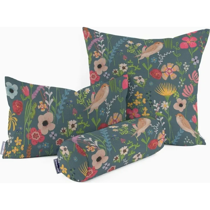 SCHÖNER LEBEN. Dekokissen SCHÖNER LEBEN. Kissenhülle Outdoor Happy Garden Blumen Vögel blau bu