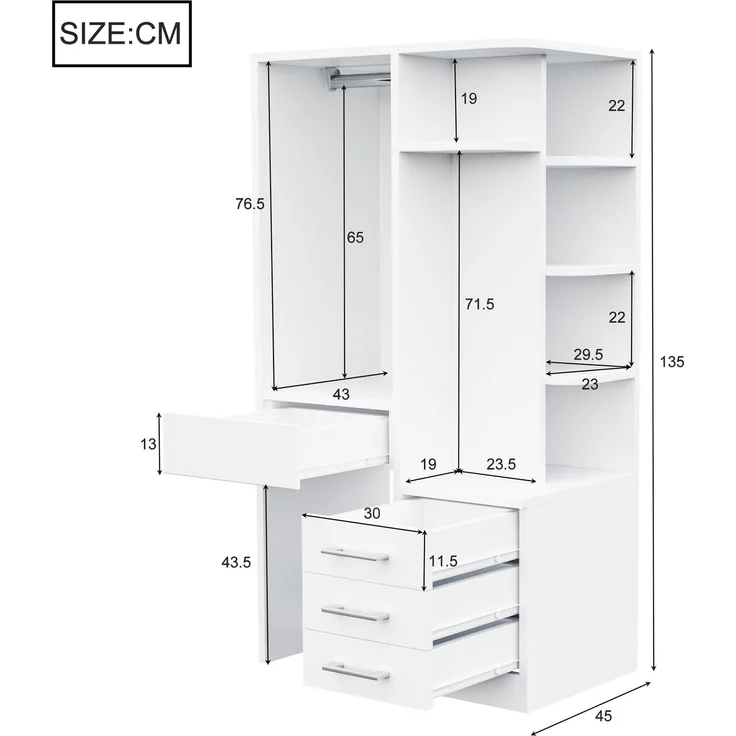 Kleiderschrank 70x45x135 cm in Weiß mit offenem Hängebereich und Schubladen – Bild 5
