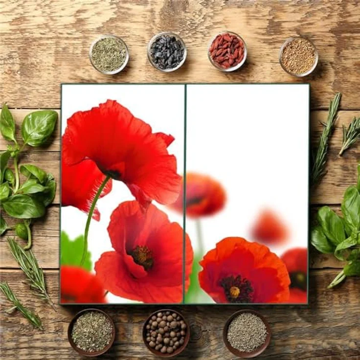 Herdabdeckplatte Abdeckung Ceranfeld Abdeckplatte Schneidebrett 2-Teilig 60x52 Mohnblume Rot Spritzschutz Glasplatte Ceranfeldabdeckung Schutz Herdschutz Sicherheitsglas Glasschneidebrett 2 x 30 x 52 – Bild 4