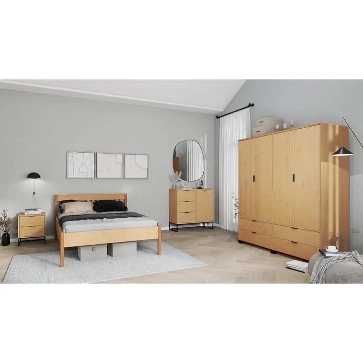 Inter Link – Holzbett - Massivholzbett - Doppelbett - Gästebett - Betgestell - Kiefer Massivholz - Oak Colori lackiert - 140x200 cm - ohne Lattenrost - Luna
