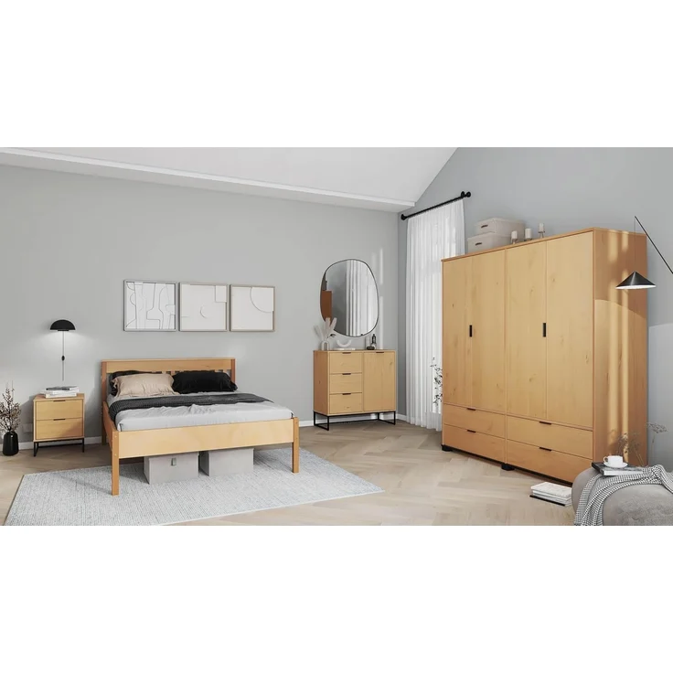 Inter Link – Holzbett - Massivholzbett - Doppelbett - Gästebett - Betgestell - Kiefer Massivholz - Oak Colori lackiert - 140x200 cm - ohne Lattenrost - Luna