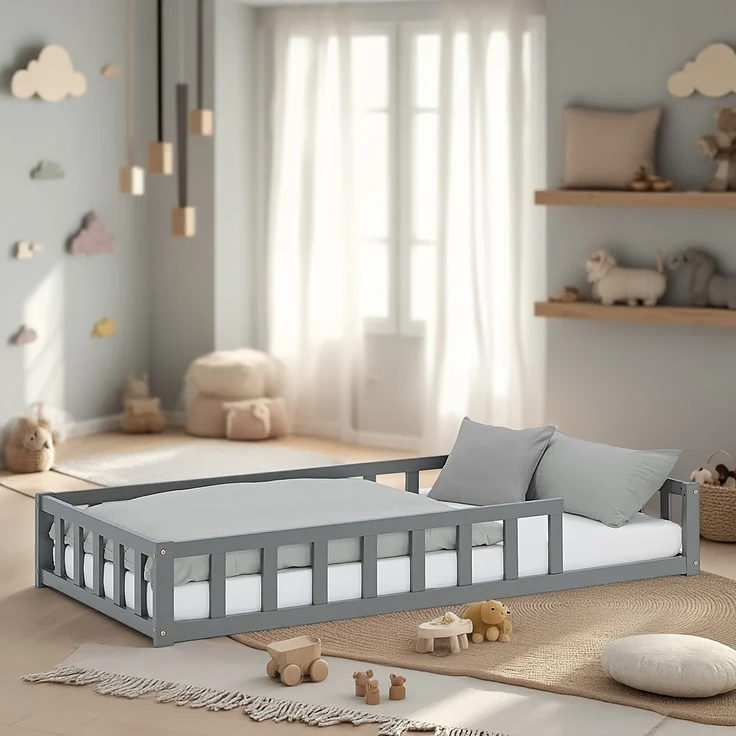 Kinderbett 90x200 mit Matratze Bodenbett mit Rausfallschutz Grau Montessori Bett Kleinkindbett Holz Kiefer Massiv – Bild 2