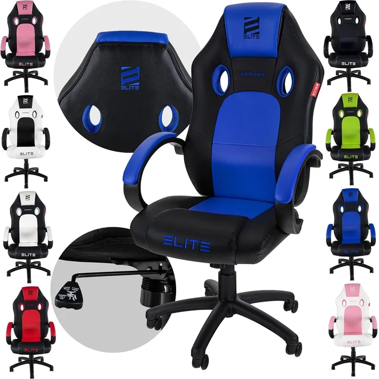 ELITE Gaming Stuhl MG100 EXODUS - Ergonomischer Bürostuhl - Schreibtischstuhl - Chefsessel - Sessel - Racing Gaming-Stuhl - Gamingstuhl - Drehstuhl - Chair - Kunstleder Sportsitz (Schwarz/Blau)