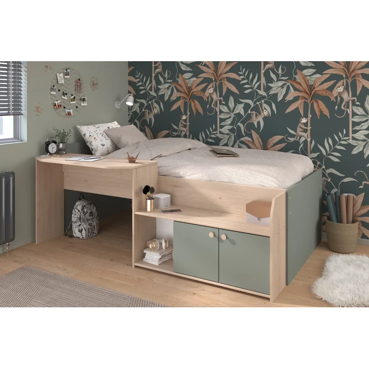 Hochbett >Jade< Liegefläche 90x200cm, Grün - Eiche Dekor - 203x136x79cm (LxBxH) – Bild 2