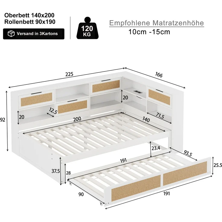 Multifunktionales Massivholz-Schlafsofa mit Ausziehbett 140x200 cm, Stauraum & USB-Anschlüssen, Gäste- & Tagesbett, Weiß – Bild 5