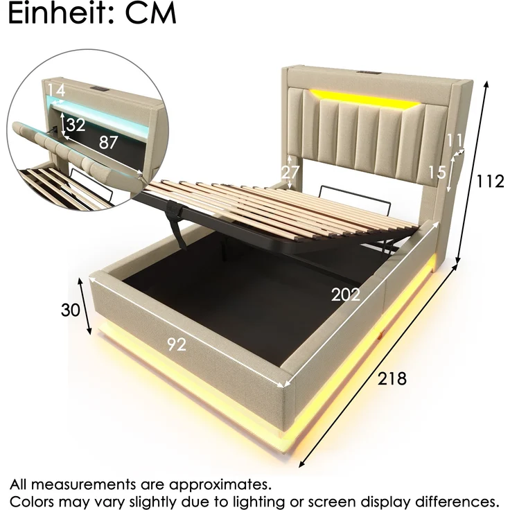 Polsterbett Einzelbett Leinen, mit Smart-LED, 4-fach Ladestation & Hydraulikstauraum, 90x200 cm, Beige, mit Matratze – Bild 10