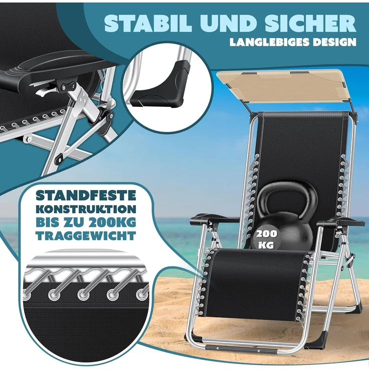 KESSER® Sonnenliege Liegestuhl, klappbare XXL Gartenliege Wetterfest, Belastbar 200kg, Ergonomisches Polster verstellbare Rückenlehne inkl. Nackenkissen Getränkehalter & Armpolster, mit Dach Beige – Bild 5