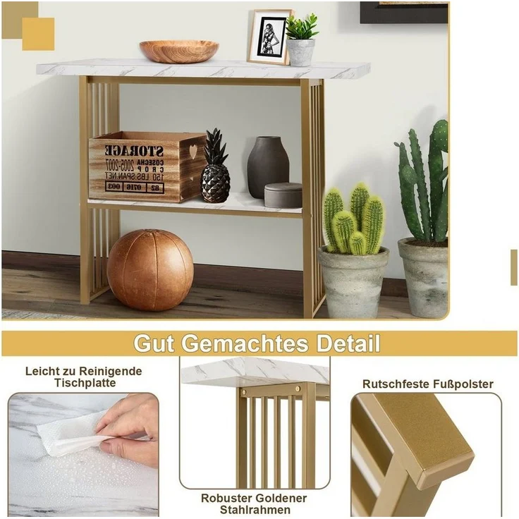 COSTWAY Konsolentisch, Marmor, schmal, mit 2 Ablagen&Metallrahmen, gold, 120cm – Bild 2