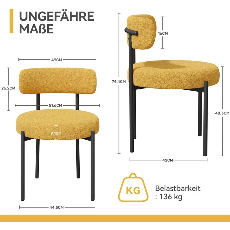 Hawthyhome Esszimmerstühle 4er Set Polsterstuhl mit runder Rückenlehne, Teddy Stoff Boucle Bezug, weich & kuschelig, ergonomisches Design, stabiles schwarzes Metallgestell, vielseitig für Esszimmer, Küche & Wohnbereich, Gelb – Bild 2