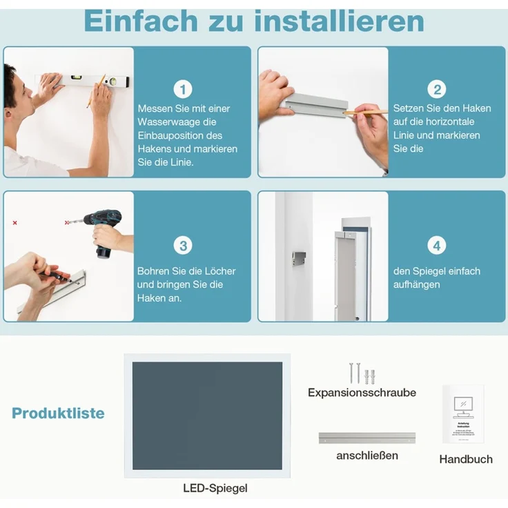 Gimbelen LED Badspiegel 50x70 cm, Badezimmerspiegel mit Beleuchtung, Tastenschalter, Antibeschlag, 2 Lichtfarben (3000K/6500K) & Speicherfunktion, explosionsgeschützt, IP44, Silber – Bild 10