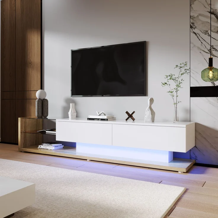TV-Schrank 170 cm Weiß Hochglanz mit LED-Beleuchtung, 2 Schubladen, 2 Glasregale – Bild 4