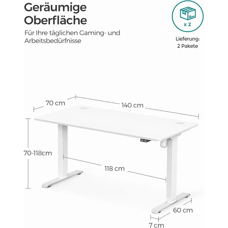 Songmics Höhenverstellbarer Schreibtisch elektrisch, Tischgestell, Schreibtischständer mit Motor, stufenlos verstellbar, 140x70 x (73-114) cm, Stahl, weiß LSD012W01 – Bild 3