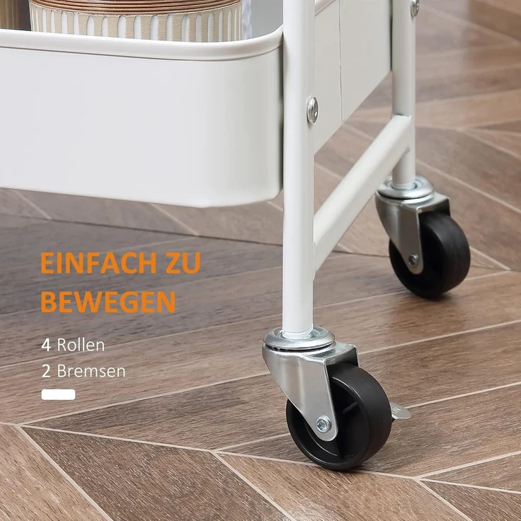 HOMCOM Servierwagen mit 3 Ebenen Küchenwagen mit Rollen Griff Küchenregal mit Korb und Deckel Rollwagen Allzweckwagen für Küche Büro Badezimmer, Weiß – Bild 5