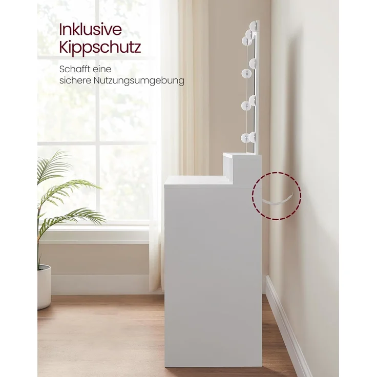 VASAGLE Schminktisch mit LED-Beleuchtung, Sitzhocker, Kosmetiktisch mit 2 Schubladen und 3 offenen Fächern, Makeup-Hocker aus Samt, für Schlafzimmer, weiß und mattweiß-pastellrosa RDT714W01 – Bild 9