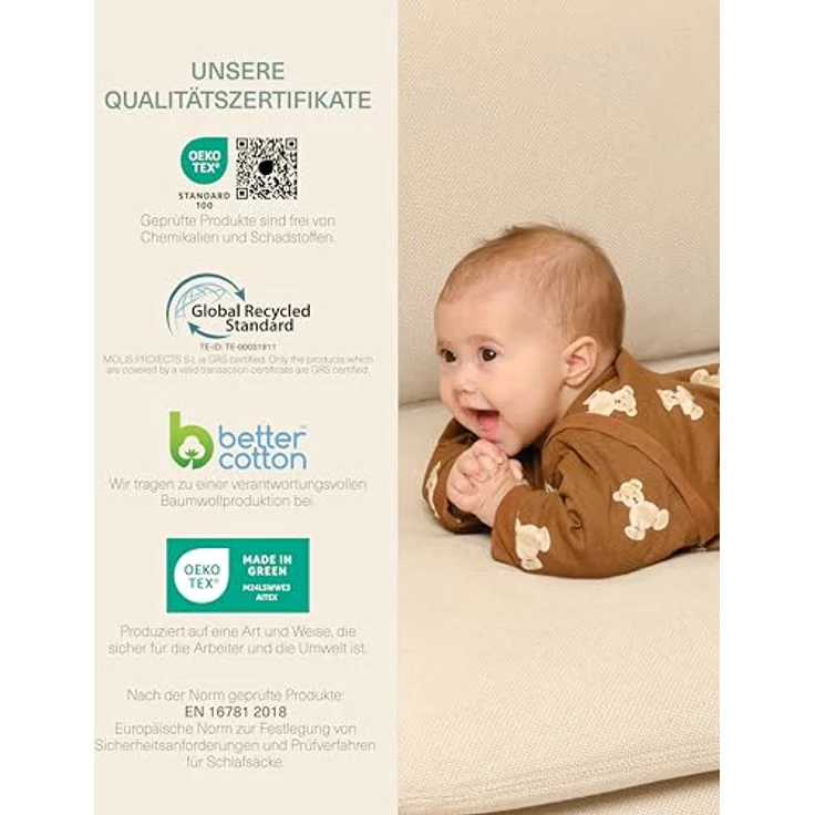 molis&co - Baby Schlafsack Neugeborene Abnehmbare Ärmel - Babyschlafsack 1 tog - Leicht gepolstert - 100% Baumwolle (Oeko-TEX 100), Premium Qualität - Teddy Mocca (12-18 Monate) – Bild 7