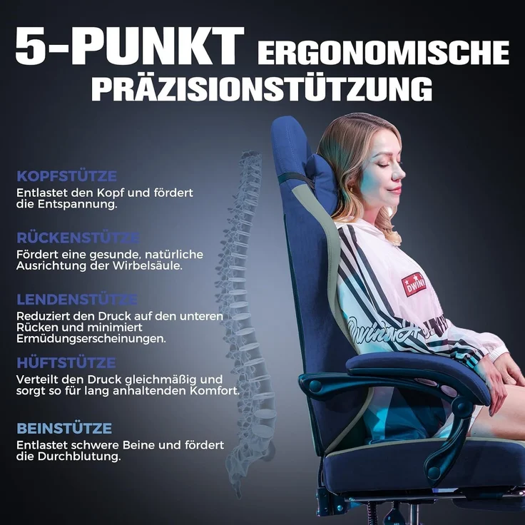 GTPLAYER Gaming Stuhl Ergonomischer, PC Stuhl Atmungsaktiver Stoff, Groß und Hoch Drehbarer Schreibtischstuhl mit Fußstütze,Verstellbare Lendenwirbelstütze und Kopfstütze,Blau – Bild 6