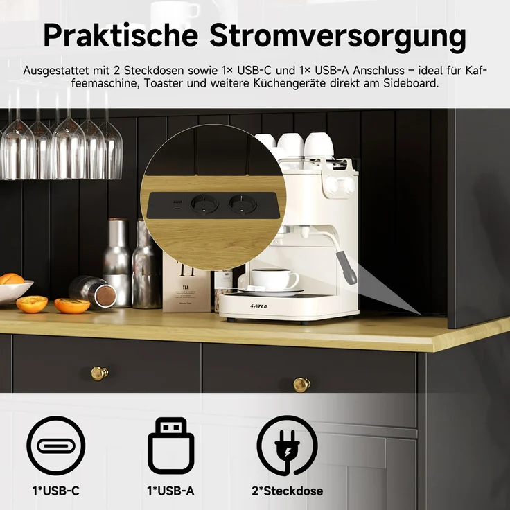 Buffetschränke, Esszimmer-Hochschrank 120×40×191 cm, mit Glastüren, Gläserhalter, mehrstufigem Stauraum, integrierter Steckdose sowie USB-C- und USB-A-Anschlüssen, Schwarze und goldene Griffe – Bild 6