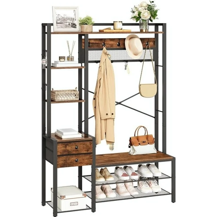 Hoobro Garderobenständer mit Schuhbank, (Schuhregal mit Garderobe, Eingangsmöbel mit Haken und Schubladen aus Vliesstoff), Garderobe mit Sitzbank, für Wohnzimmer, Flur – Bild 4