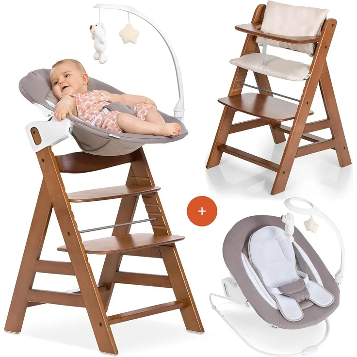 Hauck Alpha Plus Walnut Newborn Set Deluxe - Baby Holz Hochstuhl ab Geburt mit Liegefunktion - inkl. Aufsatz für Neugeborene & Sitzpolster - mitwachsend, verstellbar