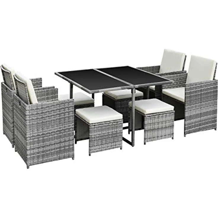 Ribelli Gartenmöbel Set 9-Teilig, Lounge Balkonmöbel aus Polyrattan, Wetterfest Sitzgruppe, Sitzgarnitur mit Sofa, Esstisch, Outdoor Kissen, Hocker, für Rasen, Terrasse, Garten, Grau/Cream – Bild 2
