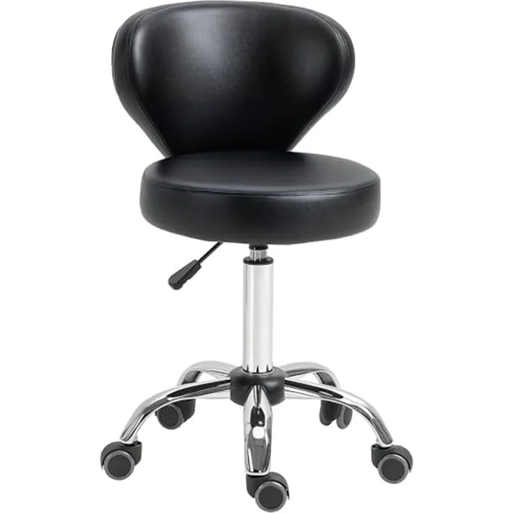 HOMCOM Rollsitz Rollhocker höhenverstellbar Salon Hocker mit Lehne (Arbeitshocker, 1 St, Drehhocker), für Büro, Wohnzimmer, Kunstleder, 45 x 54 x 73-88 cm, Schwarz