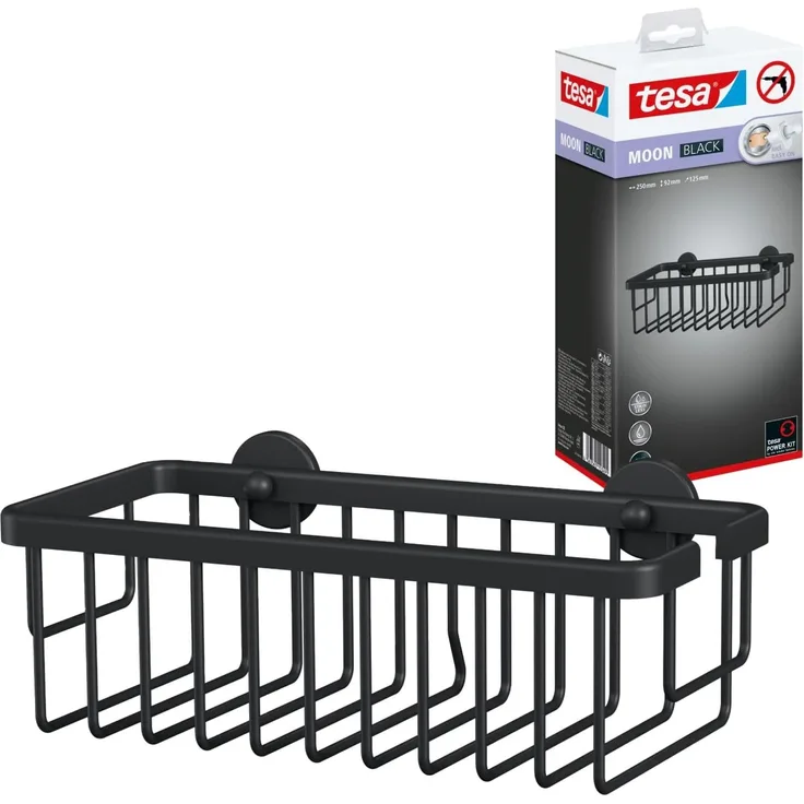 tesa Duschablage MOON Duschkorb ohne Bohren - 9,2 x 25 x 12,5 cm, Packung 1-tlg, selbstklebende Duschablage - matt schwarz