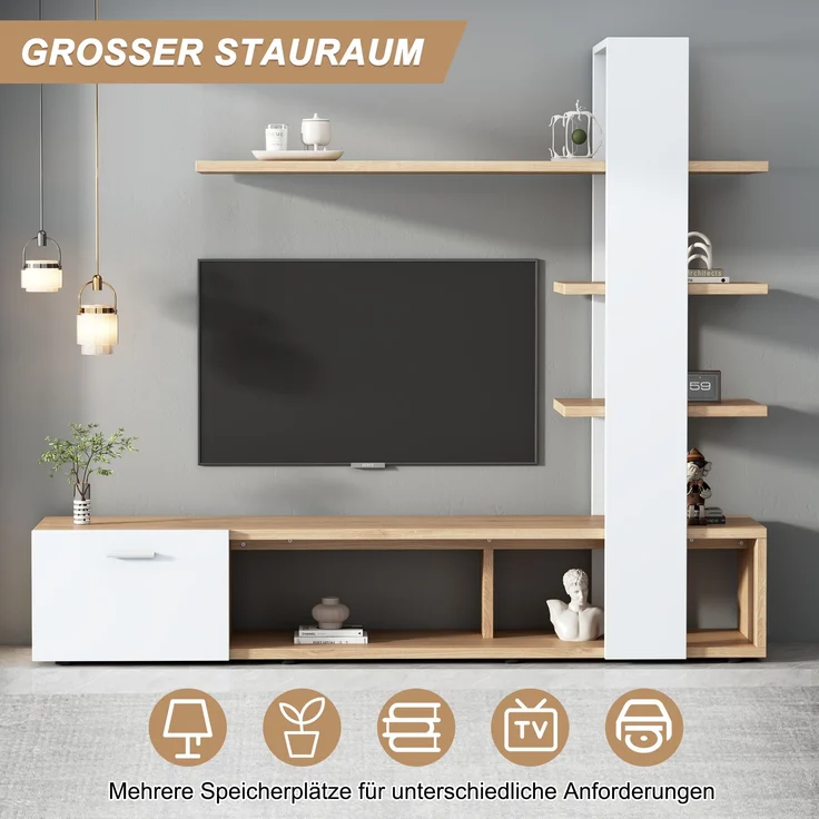 TV-Wandschrank Weiß Holzdekor für Fernseher bis 60 Zoll, Entertainment-Center mit offenen Regalen und Tür, schwebende Bücherregale – Bild 7