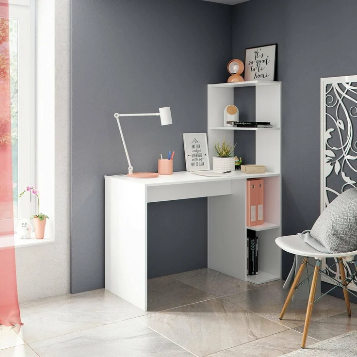 Dmora - Pittston-Schreibtisch, linearer Schreibtisch mit Bücherregal, platzsparender Mehrzweck-Bürotisch, 110x52h136 cm, Weiß – Bild 1