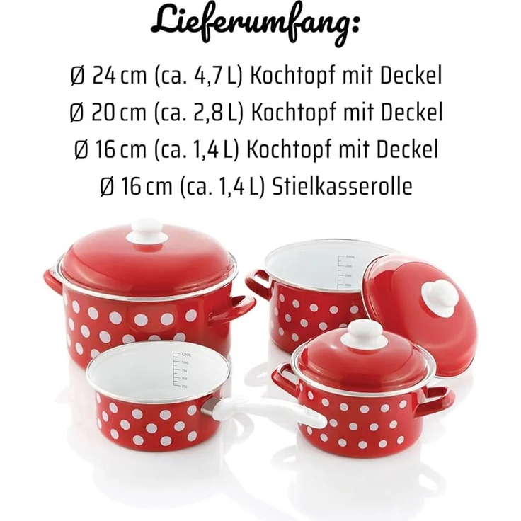 GSW Topf-Set, Stahl-Emaille (Set, 7-tlg, je 1 Kochtopf Ø 16/20/24 cm, 1x Stielkasserolle Ø 16 cm), Induktion – Bild 7