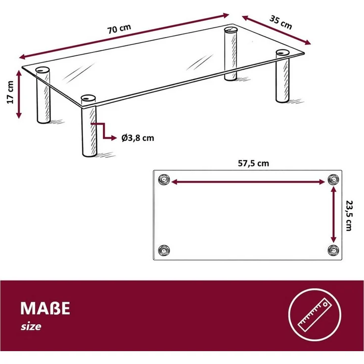 HOOZ TV-Aufsatz Weißglas mit Aluminiumfüßen - Ablage und Platzerweiterung 70x35cm, (modern, mit Aufbauanleitung), aus Sicherheitsglas – Bild 1