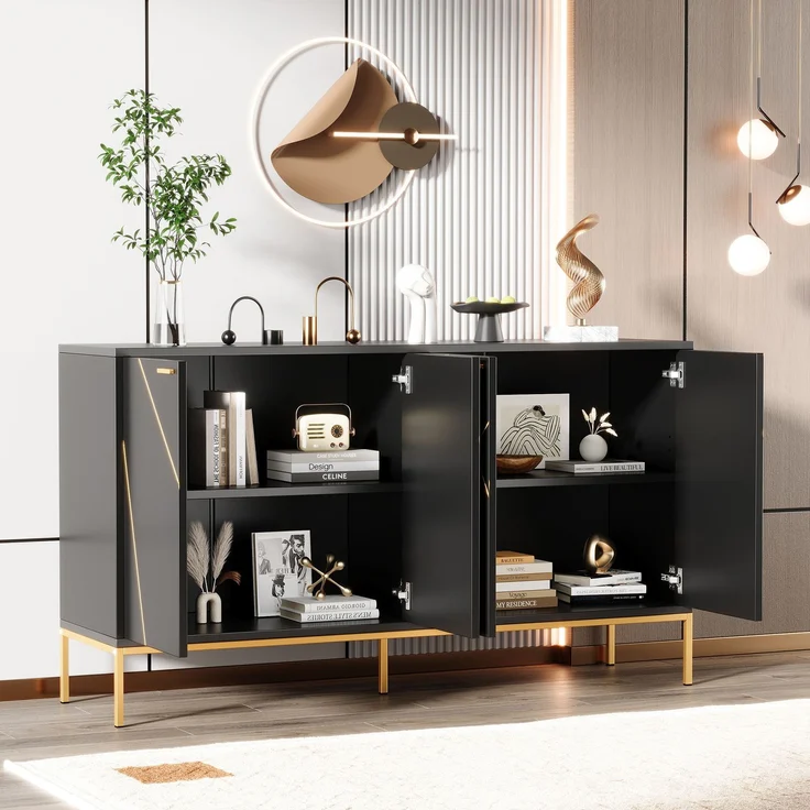 Merax Sideboard mit vier Türen, Metallfüßen, TV-Schrank, Kleiderschrank, geradliniges Design mit Metalllinien-Dekor, Schwarz+Golden – Bild 2