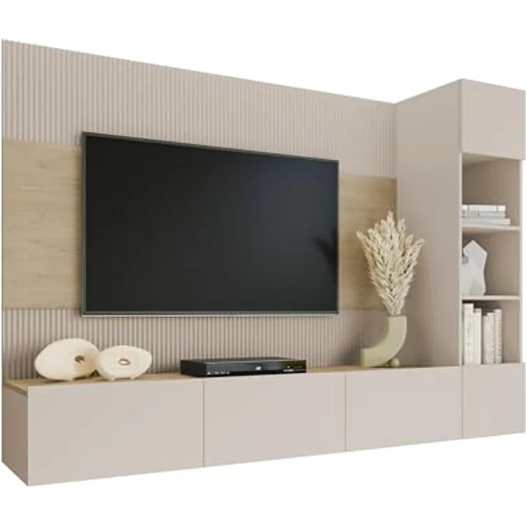 Mirjan24 Wohnwand, Beige, Holzwerkstoff, 220x150x38 cm, mit griffloses Öffnungssystem und Gasdruckfeder – Bild 1