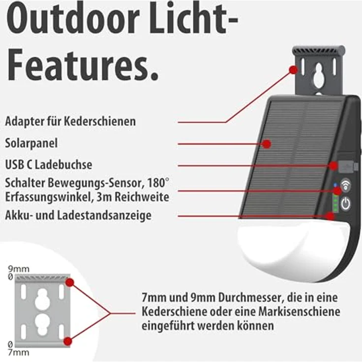 Brennenstuhl Akku Solar LED Outdoor Lampe KL 300 AS, Wandleuchte mit Bewegungsmelder, 250lm, IP54, 3 Leuchtstufen, max. 20h Leuchtdauer, Adapter für Kederschiene – Bild 4