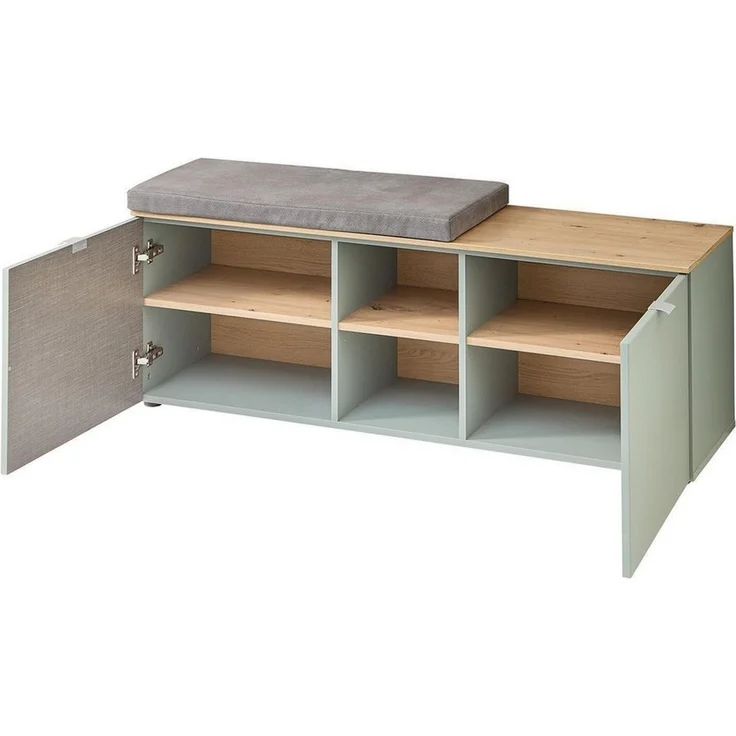 Stella Trading BARI Schuhbank in Schilfgrün, Artisan Eiche Optik FSC-Zertifiziert - Moderne Sitzbank mit Stauraum für Ihren Flur - 128 x 50 x 38 cm (B/H/T) – Bild 2
