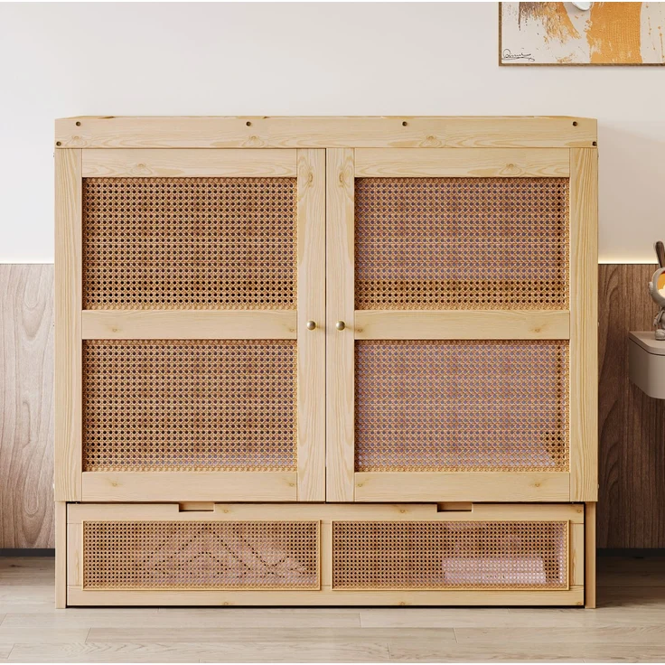 CHICFURN Bett aus Holz in Naturholz 140x200 cm mit Stauraumschubladen und Rattan-Design – Bild 5