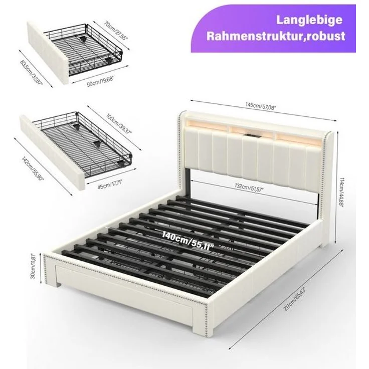 oyajia Polsterbett LED-Beleuchtung Doppelbett 140x200 cm mit Ladefunktion und 3 Schubladen (Mit Lattenrost und Ladefunktion, Samt materia Polsterbett), Funktionsbett Stauraumbetten Jugendbett Bettgestell Leises Design Bett – Bild 4