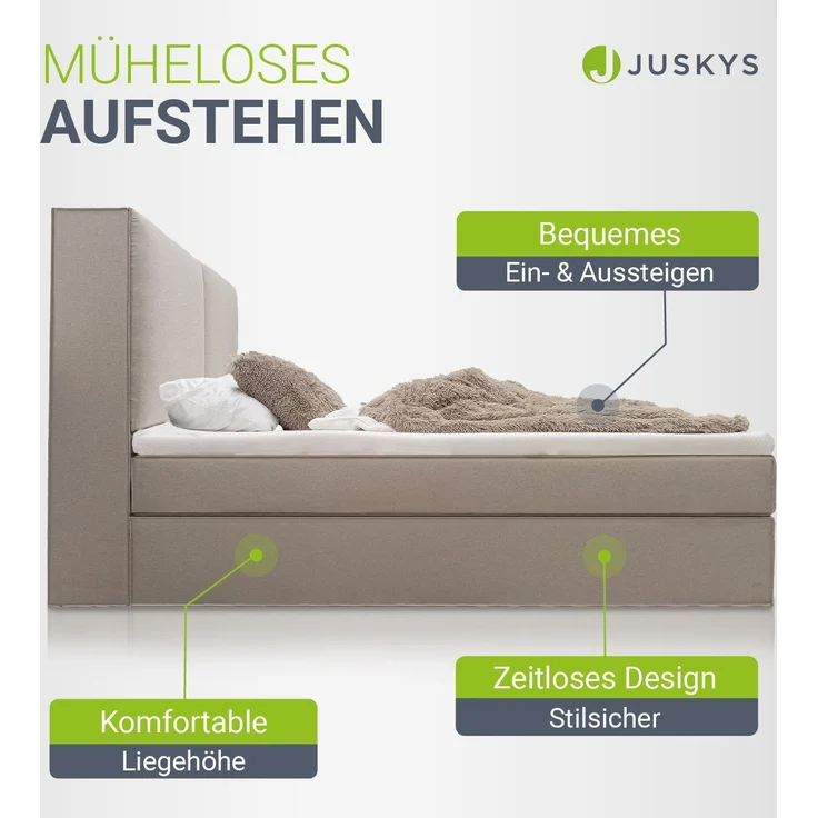 Juskys Boxspringbett Detroit 180x200 cm - Hochwertiger Chenille Stoff, inklusive Topper, komfortable Einstiegshöhe - Beige – Bild 3