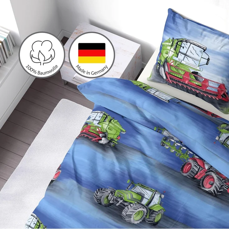 LINKHOFF Kinderbettwäsche Traktor Bettwäsche 135x200 für Jungen 2tlg. – Traktoren & Mähdrescher, Biber Bettwäsche-Set, Trecker Kinderbettwäsche, 100% Baumwolle – Bild 3
