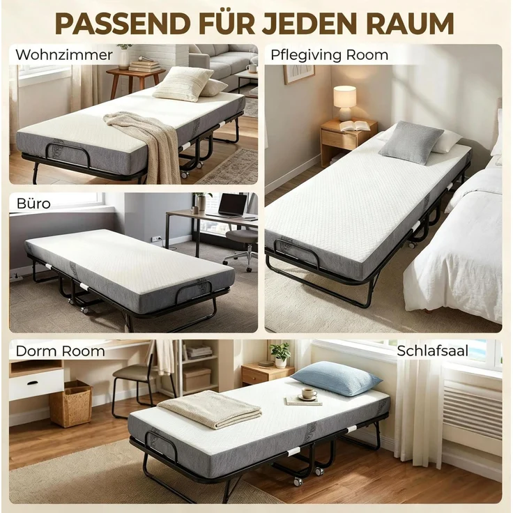 Klappbett 200x80x42,5 cm mit Matratze, Stahlrahmen und Rollen – Gästebett in Schwarz – Bild 5