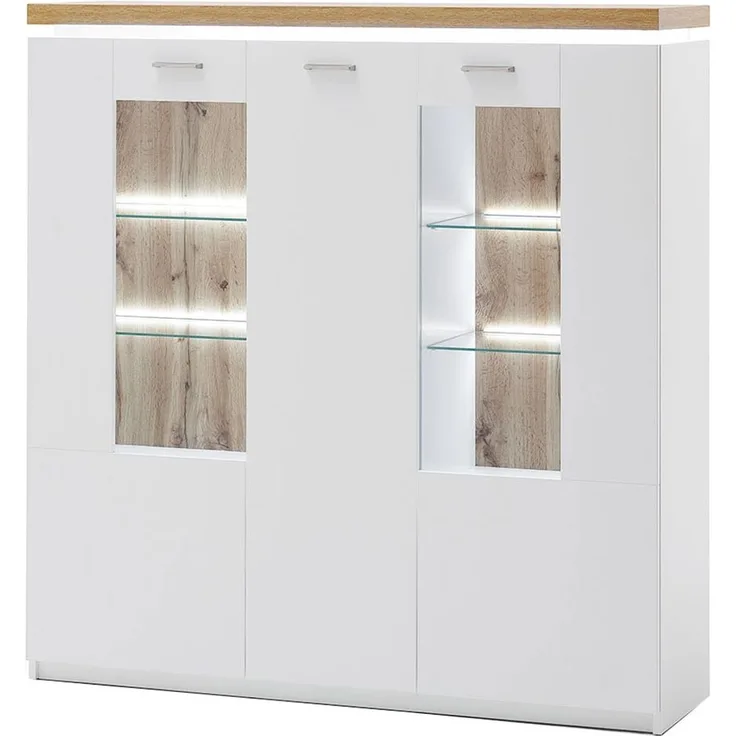 Highboard Celine / Cali, Glas, Holzwerkstoff, Weiß, Holzfarben, 138 x 144 x 38 cm